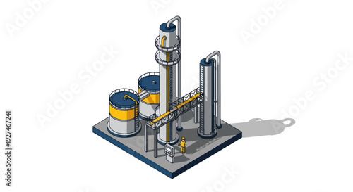 Industrial oil refinery plant with storage tanks and processing units.