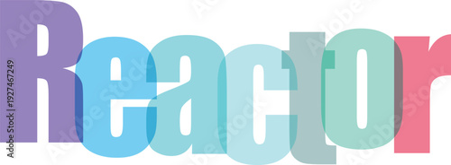 Reactor colorful text overlay with gradient effect layered over transparent grid background, scientific and technological concept illustration