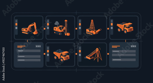 Isometric Construction Vehicles and Equipment Icons Set.