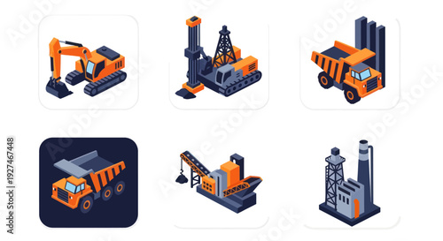 Isometric Construction Vehicles and Industrial Buildings Set.