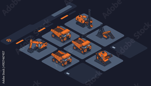 Isometric Construction Vehicles Set on Dark Background.