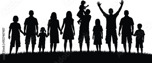 Silhouette Vector of Large Happy Family Standing Together on Grass, Group of Parents and Children Celebrating Life for Community Design,