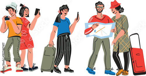 Diverse group of tourists with luggage and maps planning travel and taking picture