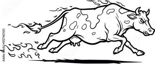 Dynamic Running Bull Illustration Black and White Line Art