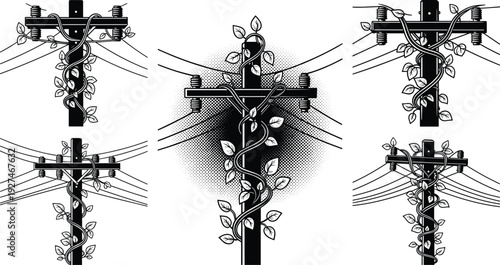 Black and white illustrations of utility poles entwined with vines and power lines Keywords: utility pole, telephone pole, power