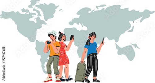 Diverse travelers with luggage and phones global tourism concept illustration