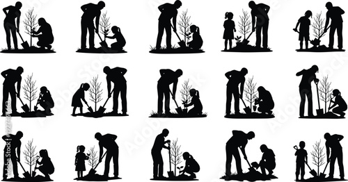 Silhouette Vector of Families and Volunteers Planting Trees, Collection of People Gardening and Reforestation Activities for Environmental Conservation and Sustainability,