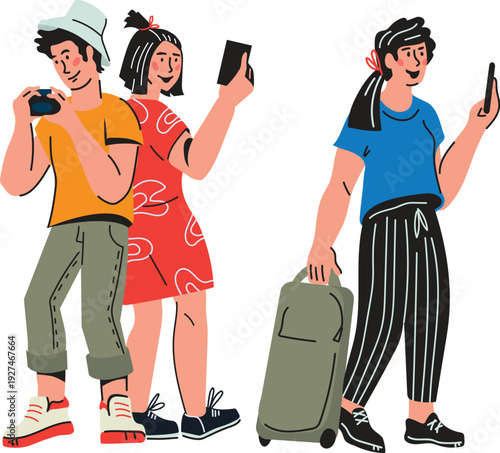 Diverse group of tourists with luggage and phones enjoying travel 
