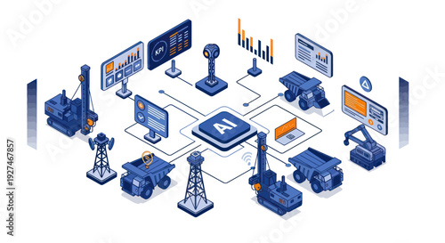 Isometric illustration of a smart mining operation with interconnected machinery and data analysis.