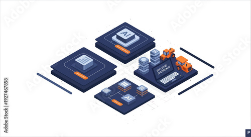 Isometric illustration of AI and data processing units.