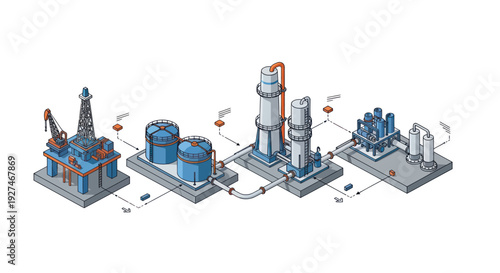 Isometric illustration of an oil and gas production process.