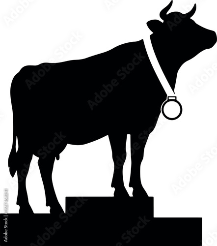 Silhouette of a Cow Statue with Collar on Pedestal in Minimalist Style