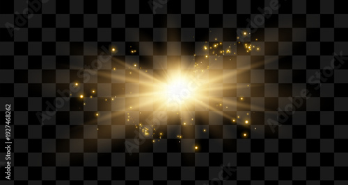 Star burst with sparkles. Light effect. Gold glitter texture.