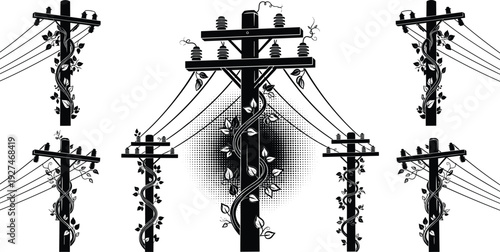 Black silhouette illustrations of power poles entwined with vines and leaves electricity plant