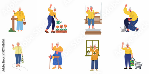 Cheerful senior women engaging in various everyday activities like gardening, baking, shopping, crafting, and leisure, all happily waving, showcasing active and diverse elderly lifestyles.
