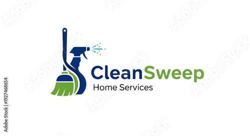 Cleaning Home Service Logo Vector with Sweep and Spray Bottle – Professional Janitorial Company Branding