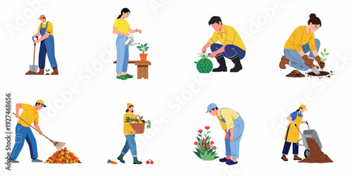 Gardeners and farmers performing various agricultural tasks, from planting seedlings and watering to harvesting vegetables and raking leaves.