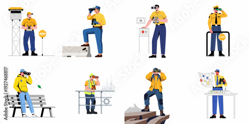 Diverse characters using binoculars for security, observation, and exploration across various professional and leisure settings, depicting vigilance and discovery.
