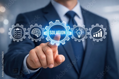 Navigating Towards Solutions: A focused individual in a professional suit, poised and ready to make a significant decision, indicating the direction for a favorable outcome, innovation and strategy.