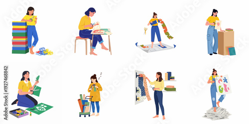 Diverse women illustrating creative paper crafts, collage art, and DIY projects, showcasing cutting, designing, and artistic expression.