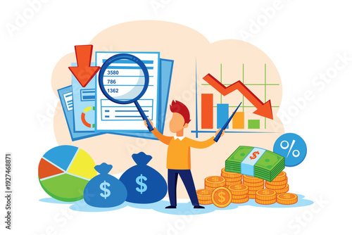Person analyzing charts and reports related to tax, cost management, and financial optimization. Money, graphs, and key business metrics illustrating financial evaluation