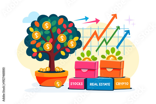 Graphic showing tree with coins. Boxes labeled stocks, real estate, and crypto next to growth chart with arrows pointing up. Investment and capital growth concept