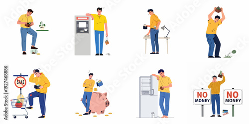 Illustrations depicting a man experiencing various financial difficulties, including empty wallets, rejected payments, and the stress of poverty and economic hardship.