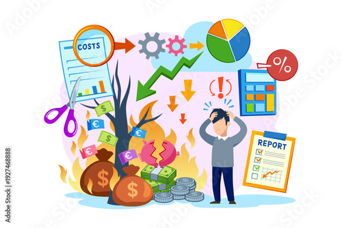 Person standing in center of chaotic scene featuring graphs, money, and tax-related symbols. Stressed man surrounded by financial data and cost indicators