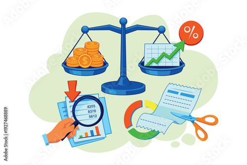 Tax reporting and cost optimization. Balance scale, charts, and paperwork. Hand analyzing data with focus on financial items and growth