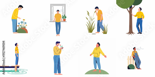 Man enjoying nature and finding peace through mindful outdoor and indoor interactions in a collection of illustrations.