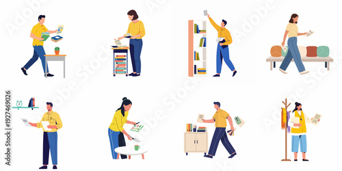 Flat illustration showing diverse individuals diligently organizing, filing, and managing documents and paperwork in various office and work-related scenarios.