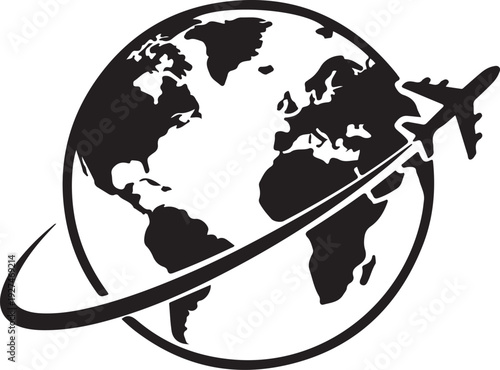 Airplane Flying Around Globe Travel Concept Icon,Global Travel and International Flight Vector Symbol