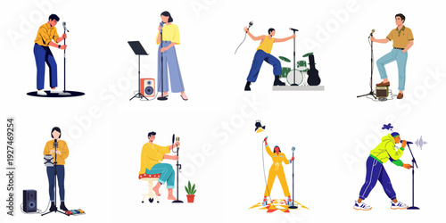 Diverse musicians and singers performing with microphones in various settings, from vibrant live stages to professional recording studios, showcasing vocal talent and musical expression.