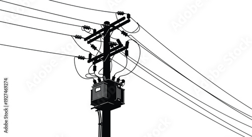 Close-up silhouette of a single utility pole with a transformer and complex network of overhead wires