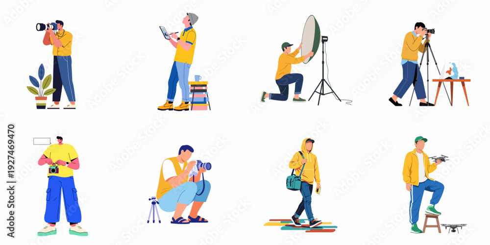 Fototapeta premium Photographers and videographers performing various tasks related to their craft in a modern flat illustration style.