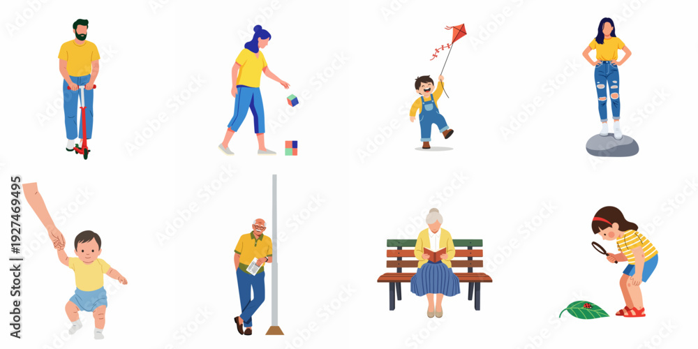 Fototapeta premium Multigenerational illustration of people engaged in everyday activities: playing, learning, commuting, and relaxing.