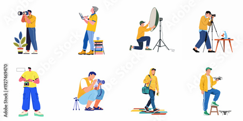 Photographers and videographers performing various tasks related to their craft in a modern flat illustration style.