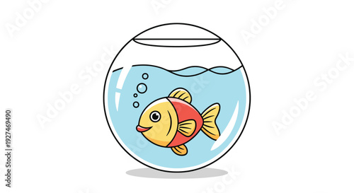 Happy goldfish with red and yellow scales swimming inside a round glass bowl with clear blue water and air bubbles rising to the top.