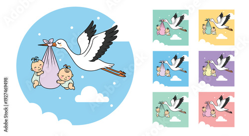 White stork carrying a bundle with two babies in its beak shown across six different colorful background variations for birth announcements.
