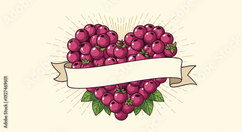 Artistic illustration of a heart shape formed by a cluster of ripe purple berries with a blank banner and sunburst rays for romantic messages.
