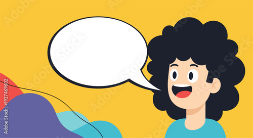 Cheerful young man with black curly afro hair speaking with a large blank speech bubble on a yellow background for communication concepts.