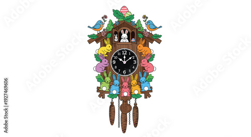 Elaborate wooden cuckoo clock decorated with colorful Easter bunnies, painted eggs, spring flowers, and birds for festive holiday home decor.