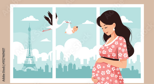 Pregnant woman standing by a window and looking out at the Eiffel Tower and Paris skyline with a stork carrying a baby flying by outside.