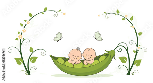 Two cute babies sitting in a green pea pod surrounded by a delicate floral arch and butterflies against a soft light background for invitations.