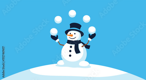 Friendly snowman wearing a black hat and scarf juggling five snowballs on a snowy hill against a clear blue winter sky for holiday cheer.