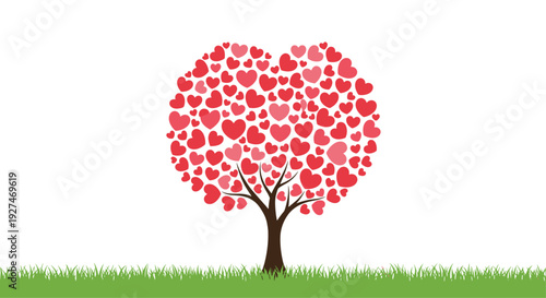 Beautiful tree with a canopy made of many small red and pink hearts standing on a green grass field for love and environmental themes.