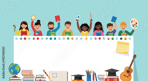 Group of diverse smiling students standing behind a blank white banner with school supplies at the bottom for back to school promotions.