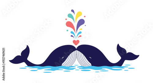 Two majestic whales swimming together in the ocean and creating a heart shaped water spout with colorful drops for marine conservation themes.