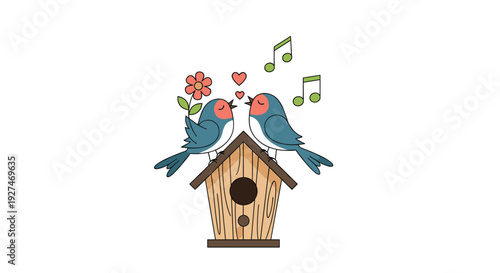 Two colorful songbirds perched on the roof of a wooden birdhouse and singing together with music notes and a flower for garden themes.