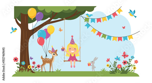 Magical park scene with a girl on a swing surrounded by a deer, rabbit, birds, butterflies, and balloons for a birthday party celebration.